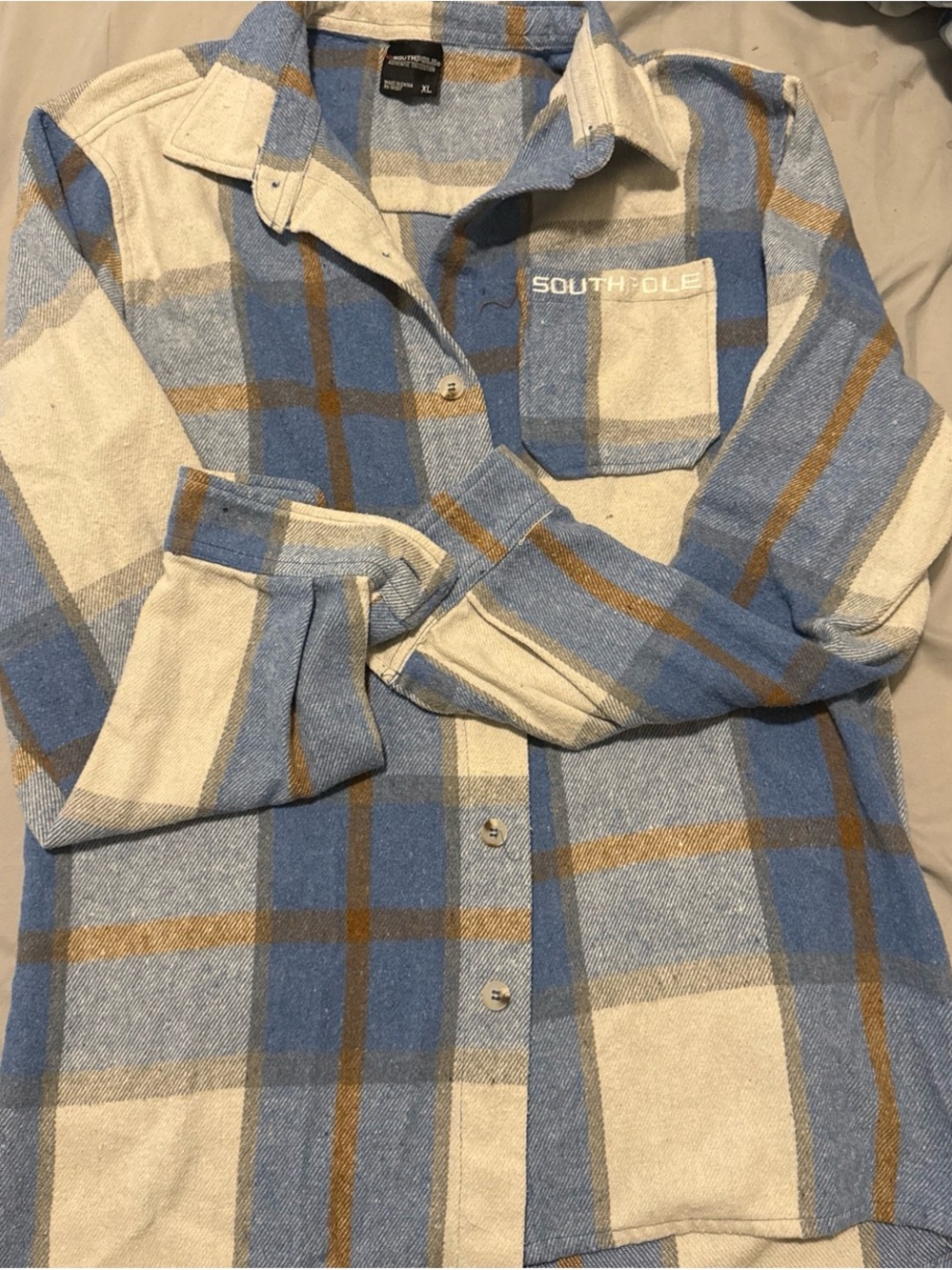 Southpole Light Blue, Cream & Tan Plaid heavyweight Flannel Shirt